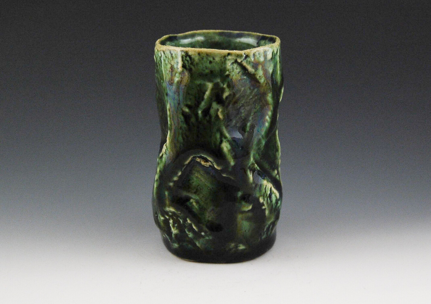 Eimei Mokko Shaped Bonsai Pot in Blue-Oribe Glaze 7