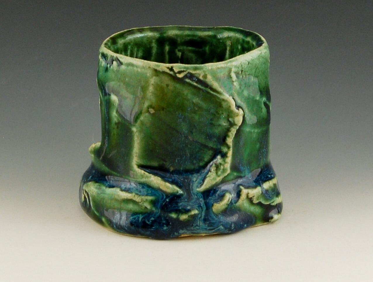 Eimei Mokko Shaped Bonsai Pot in Blue-Oribe Glaze 7